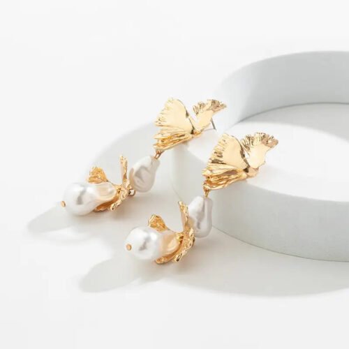 Ginkgo Leaves Freshwater Pearl Gold Pendant Earrings